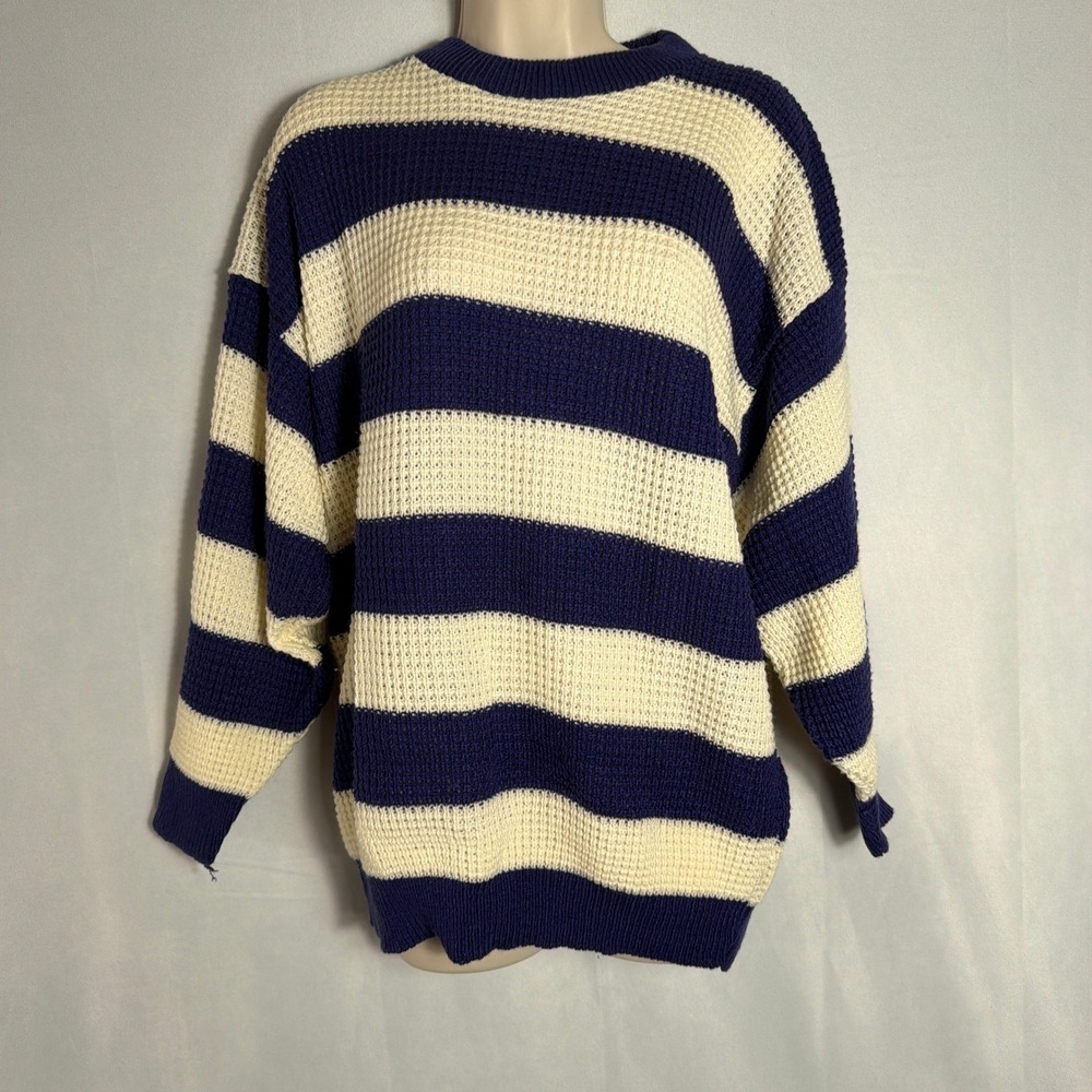 Rags Knitwear Sweater Vintage Waffle Knit Striped Blue Cream Womens Relaxed